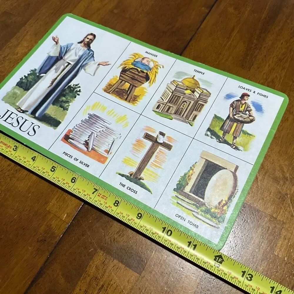 Vintage Biblical Bingo Cards 6 Pieces Cardboard Beautiful Colors Jesus 12”x7.5”